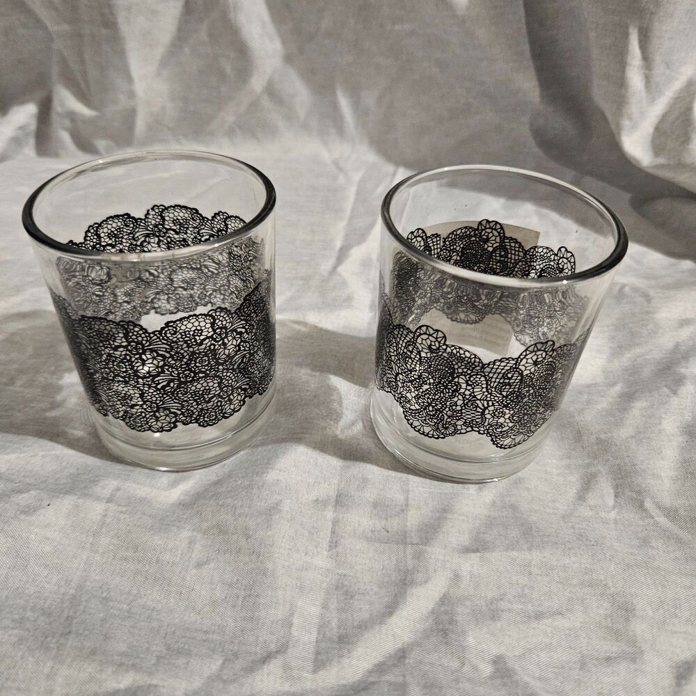 Set of 2 Black Lace Glass Votive Holders Gothic Halloween Candle Cups